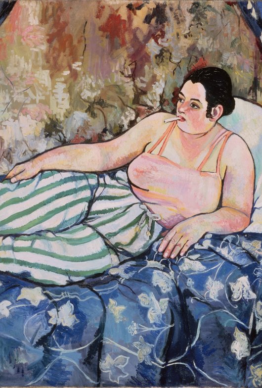 Exposition "Suzanne Valadon" : affiche : portrait de femme allongée fumant